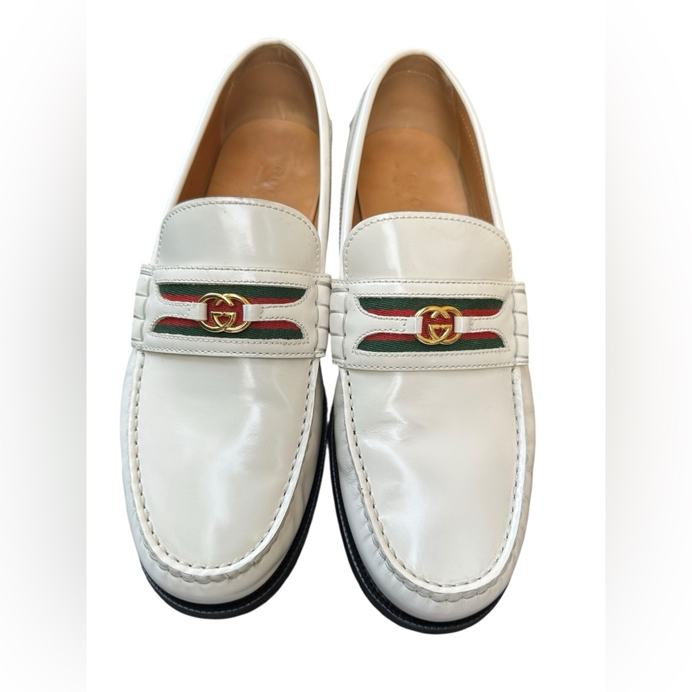 Men Genuine GUCCI Kaveh Webbing White Leather Loafers Shoes GG logo 9.5 US